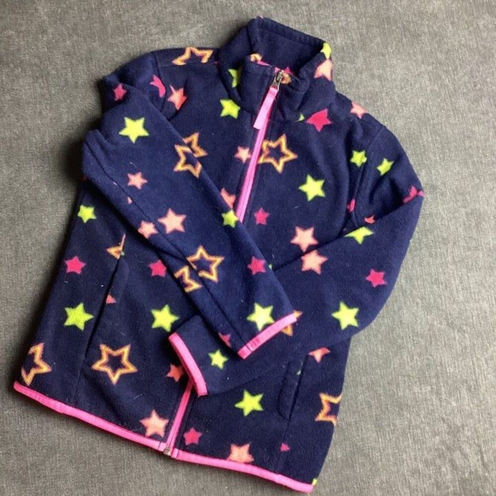 Amazon Basics Fleece Zip Up girls size 8 multicolored Neon Stars and Navy Jacket